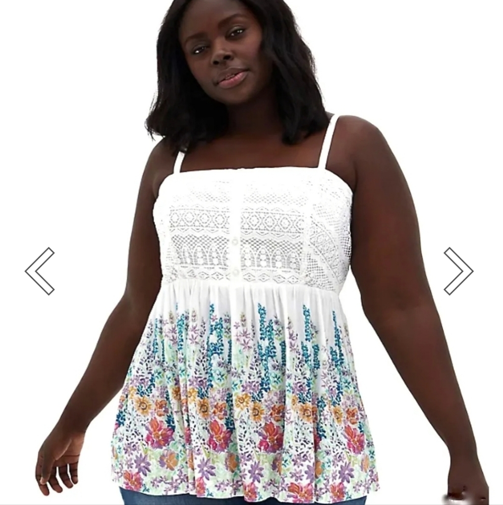 Torrid White Floral Ombré Gauze Crochet Lace Babydoll Tank Top